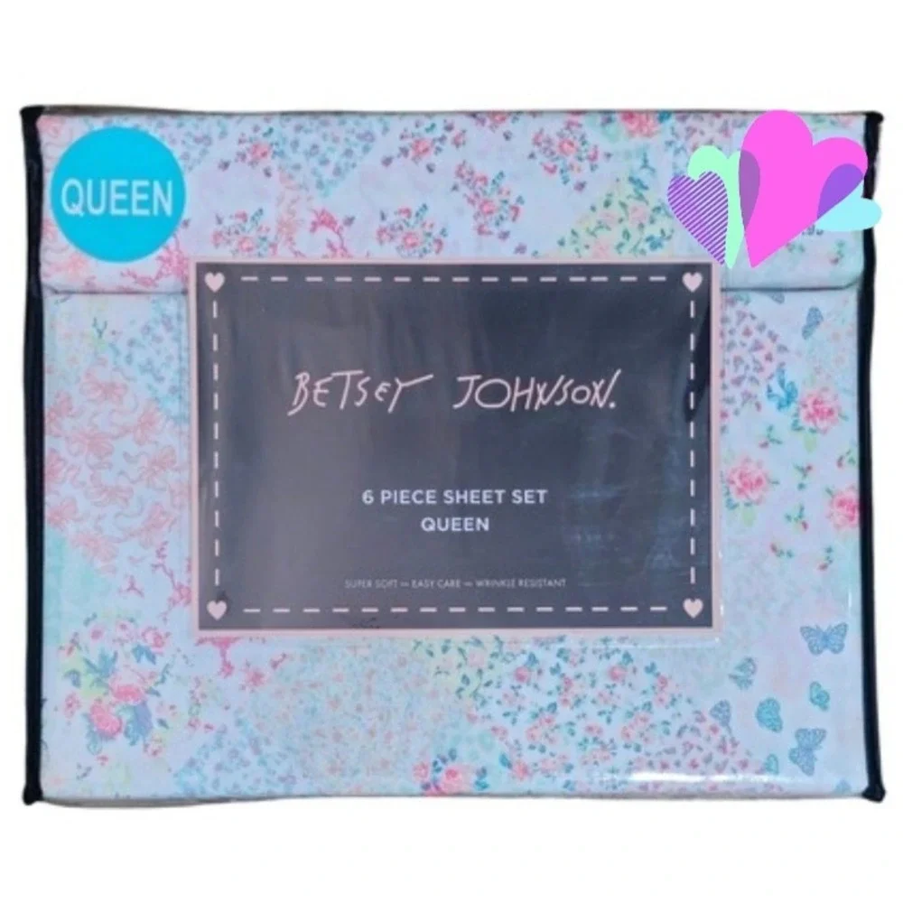 Betsey Johnson Queen Sheet Set 6 Piece Mermaid Patchwork Blue Floral Butterflies